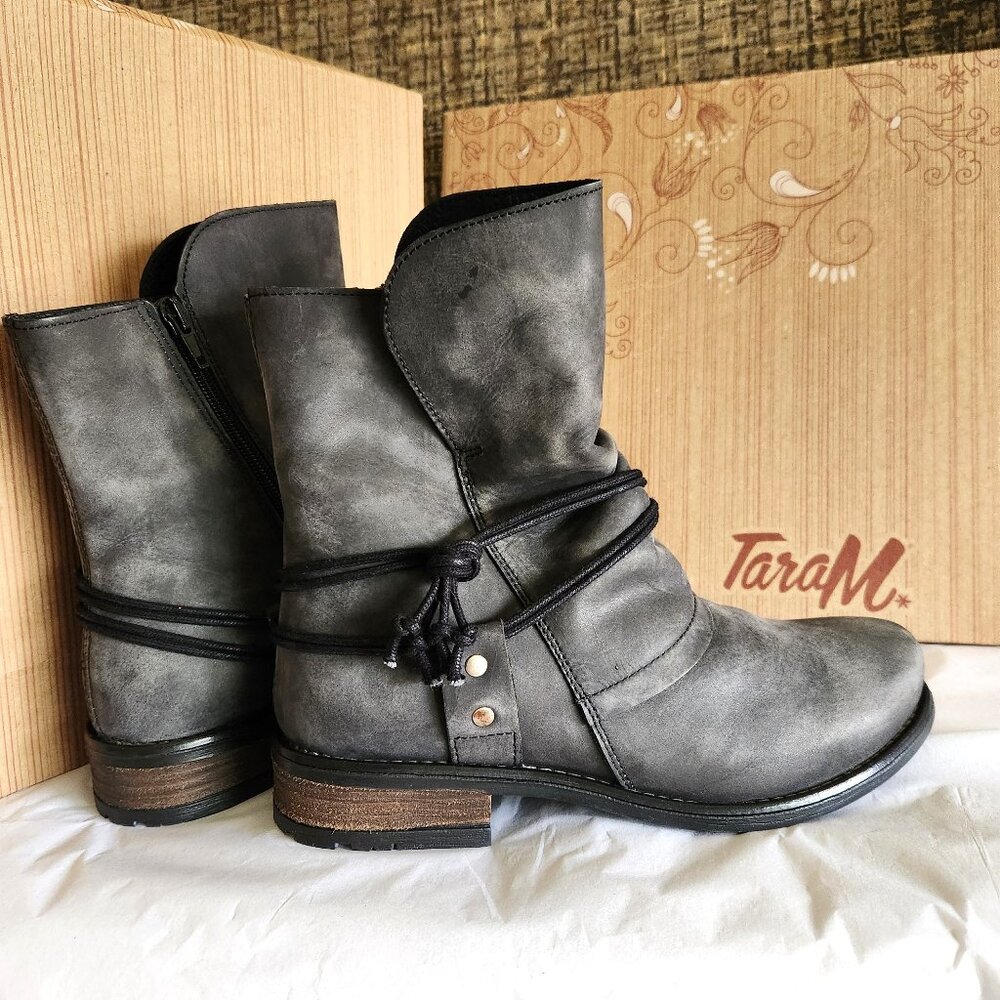 TaraM Gray Booties Sz 38/7.5 Black Trim NIB